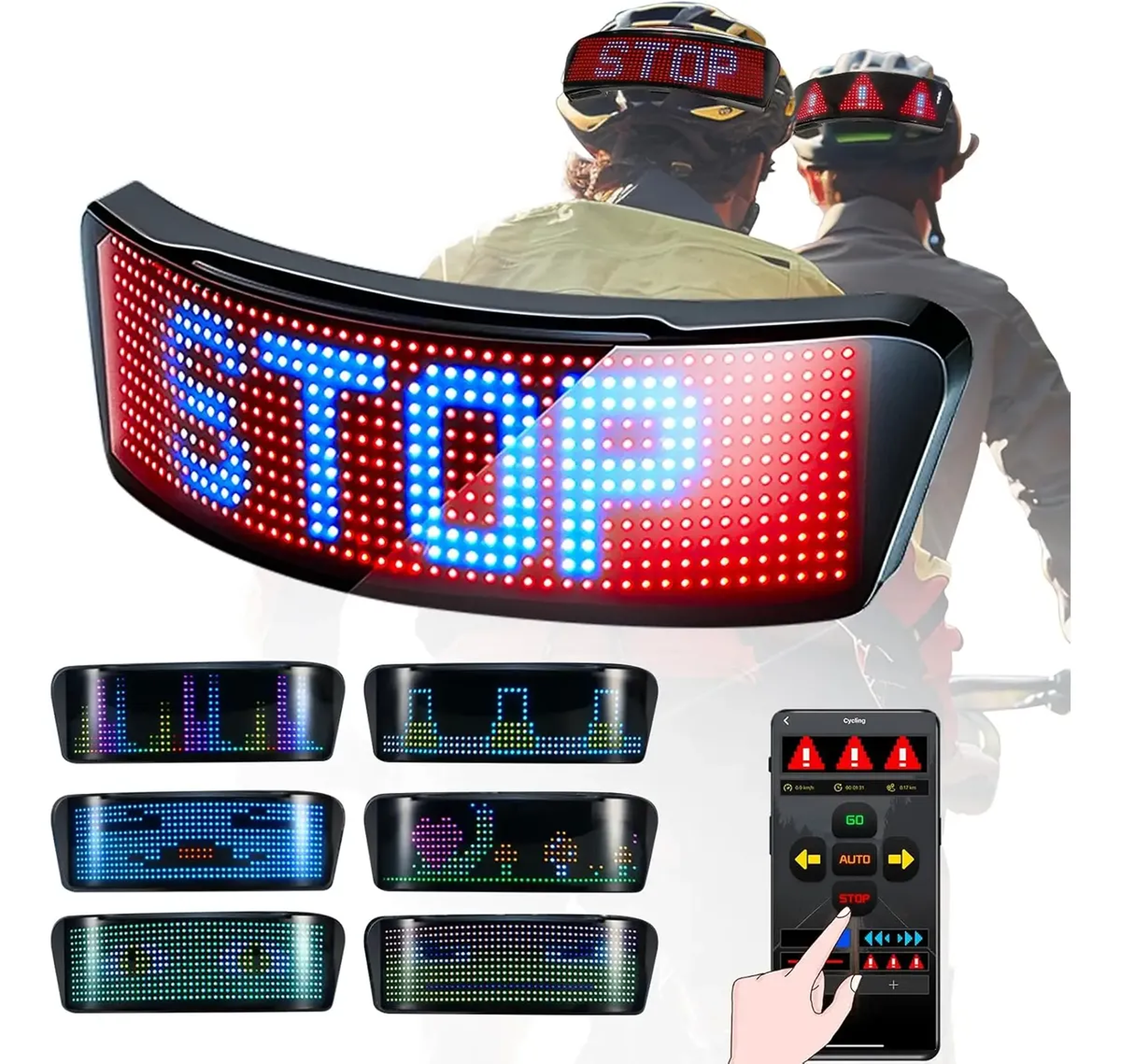 Painel LED com mensagem STOP, desenhos coloridos, exemplos em capacetes e controle pelo aplicativo