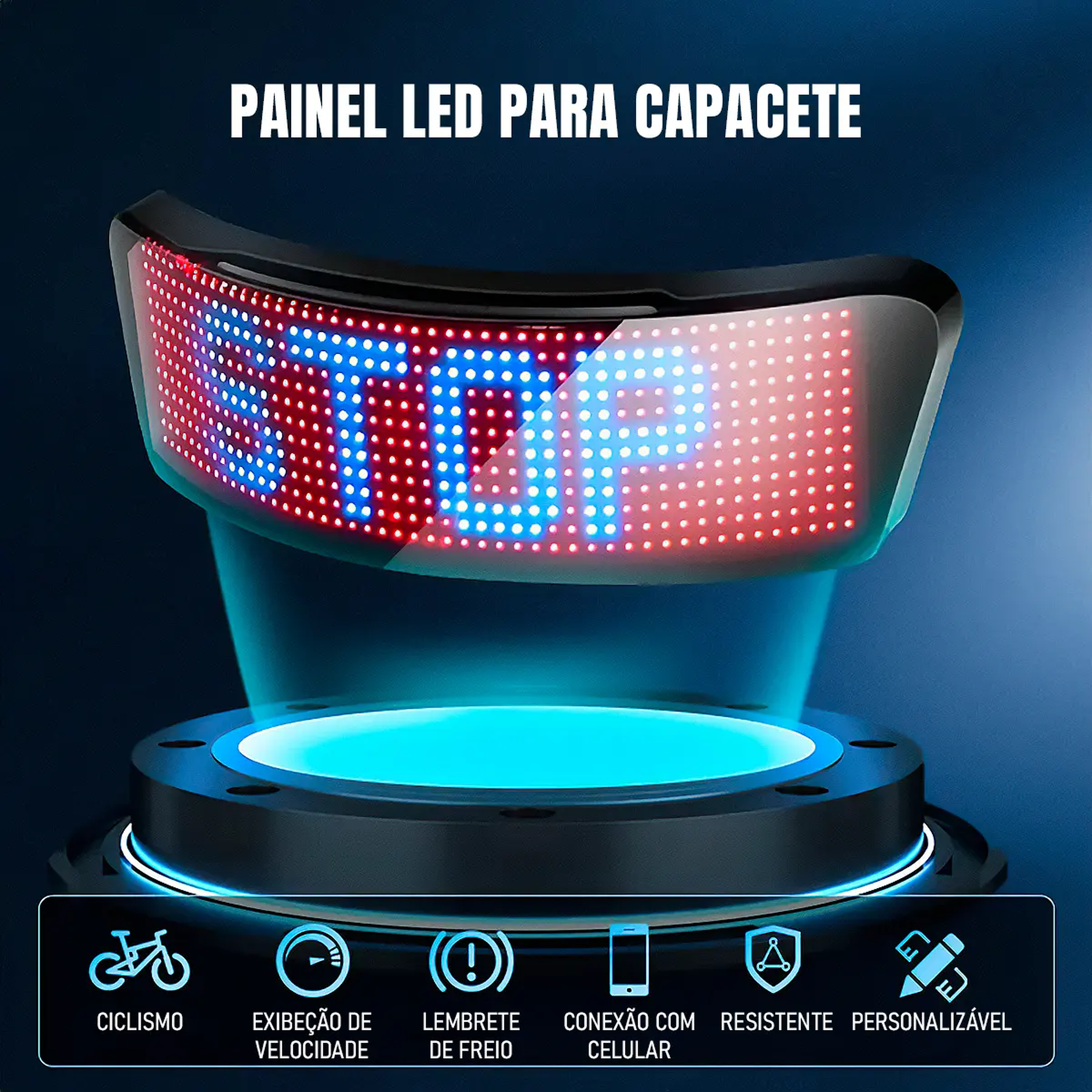 Painel LED curvo com mensagem STOP e apresentação das funções de velocidade, conexão com celular e personalização