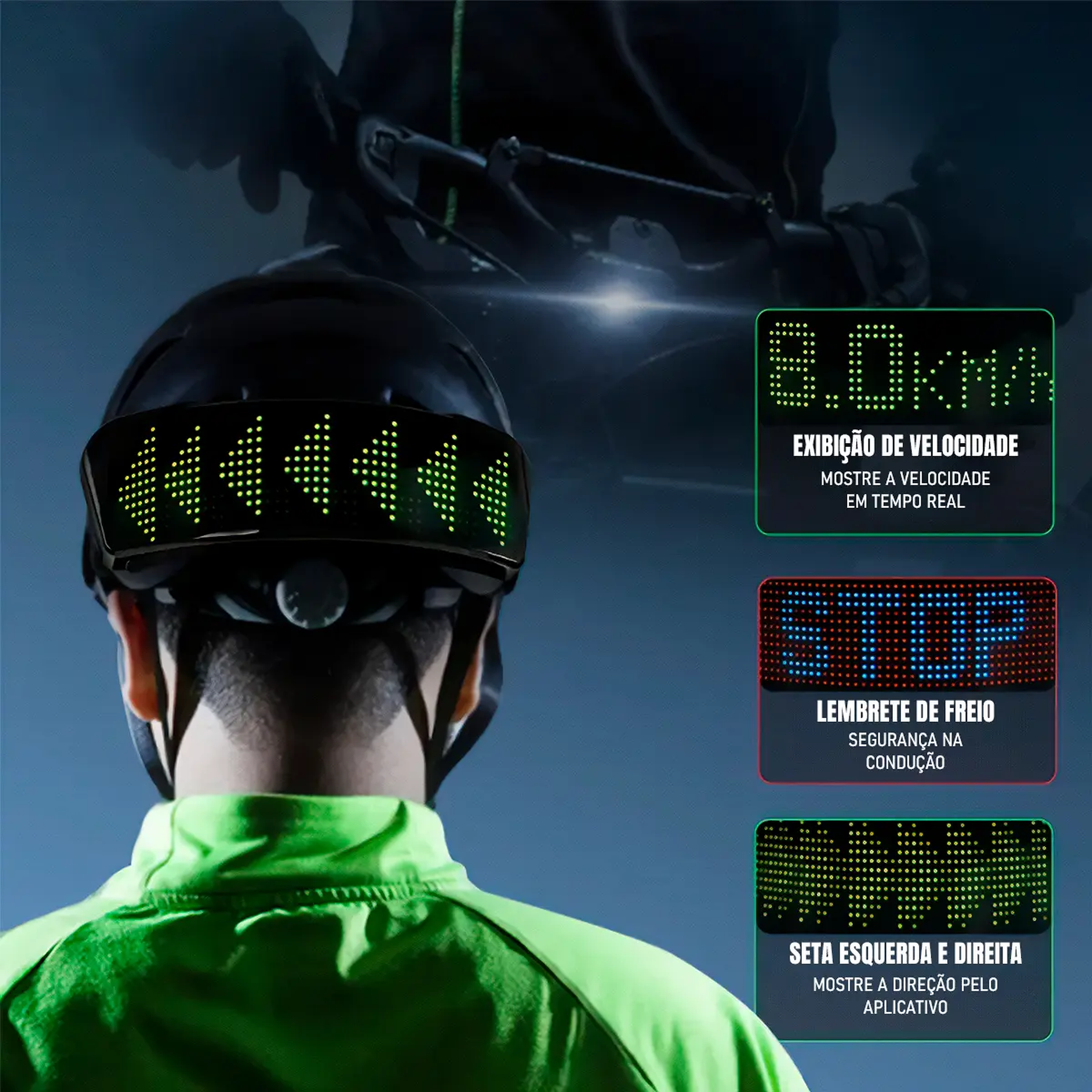 LED instalado na traseira de um capacete, com exemplos de velocidade, mensagem STOP e setas direcionais
